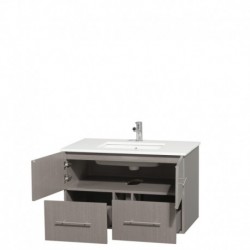 36 inch Single Bathroom Vanity in Gray Oak, White Man-Made Stone Countertop, Undermount Square Sink, and No Mirror