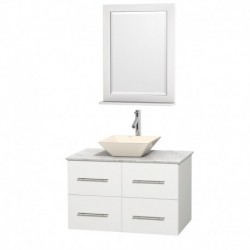 36 inch Single Bathroom Vanity in Matte White, White Carrera Marble Countertop, Pyra Bone Porcelain Sink, and 24 inch Mirror