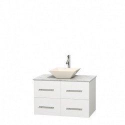 36 inch Single Bathroom Vanity in Matte White, White Carrera Marble Countertop, Pyra Bone Porcelain Sink, and No Mirror