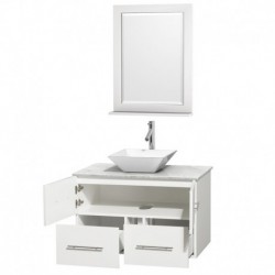 36 inch Single Bathroom Vanity in Matte White, White Carrera Marble Countertop, Pyra White Porcelain Sink, and 24 inch Mirror