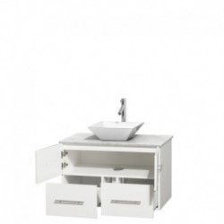 36 inch Single Bathroom Vanity in Matte White, White Carrera Marble Countertop, Pyra White Porcelain Sink, and No Mirror