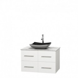 36 inch Single Bathroom Vanity in Matte White, White Carrera Marble Countertop, Altair Black Granite Sink, and No Mirror