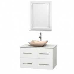 36 inch Single Bathroom Vanity in Matte White, White Carrera Marble Countertop, Avalon Ivory Marble Sink, and 24 inch Mirror