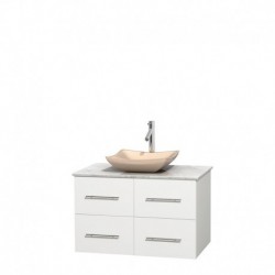 36 inch Single Bathroom Vanity in Matte White, White Carrera Marble Countertop, Avalon Ivory Marble Sink, and No Mirror