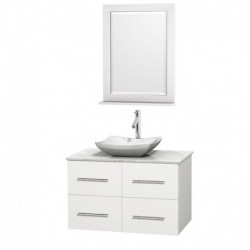 36 inch Single Bathroom Vanity in Matte White, White Carrera Marble Countertop, Avalon White Carrera Marble Sink, and 24 inch M