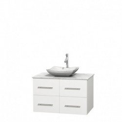 36 inch Single Bathroom Vanity in Matte White, White Carrera Marble Countertop, Avalon White Carrera Marble Sink, and No Mirror