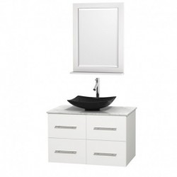 36 inch Single Bathroom Vanity in Matte White, White Carrera Marble Countertop, Arista Black Granite Sink, and 24 inch Mirror
