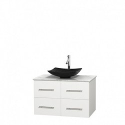 36 inch Single Bathroom Vanity in Matte White, White Carrera Marble Countertop, Arista Black Granite Sink, and No Mirror