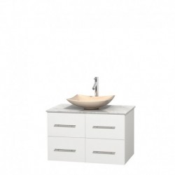 36 inch Single Bathroom Vanity in Matte White, White Carrera Marble Countertop, Arista Ivory Marble Sink, and No Mirror