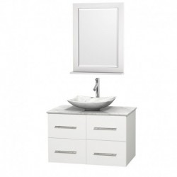 36 inch Single Bathroom Vanity in Matte White, White Carrera Marble Countertop, Arista White Carrera Marble Sink, and 24 inch M