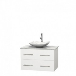 36 inch Single Bathroom Vanity in Matte White, White Carrera Marble Countertop, Arista White Carrera Marble Sink, and No Mirror
