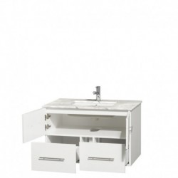 36 inch Single Bathroom Vanity in Matte White, White Carrera Marble Countertop, Undermount Square Sink, and No Mirror