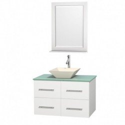36 inch Single Bathroom Vanity in Matte White, Green Glass Countertop, Pyra Bone Porcelain Sink, and 24 inch Mirror