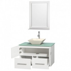 36 inch Single Bathroom Vanity in Matte White, Green Glass Countertop, Pyra Bone Porcelain Sink, and 24 inch Mirror
