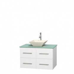 36 inch Single Bathroom Vanity in Matte White, Green Glass Countertop, Pyra Bone Porcelain Sink, and No Mirror
