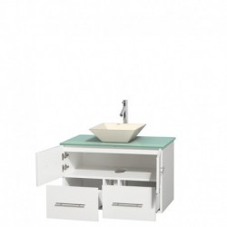 36 inch Single Bathroom Vanity in Matte White, Green Glass Countertop, Pyra Bone Porcelain Sink, and No Mirror