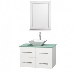 36 inch Single Bathroom Vanity in Matte White, Green Glass Countertop, Pyra White Porcelain Sink, and 24 inch Mirror