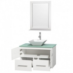 36 inch Single Bathroom Vanity in Matte White, Green Glass Countertop, Pyra White Porcelain Sink, and 24 inch Mirror