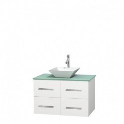 36 inch Single Bathroom Vanity in Matte White, Green Glass Countertop, Pyra White Porcelain Sink, and No Mirror