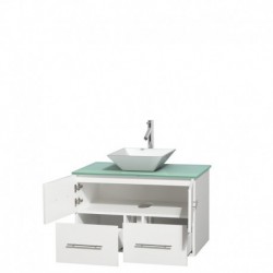36 inch Single Bathroom Vanity in Matte White, Green Glass Countertop, Pyra White Porcelain Sink, and No Mirror