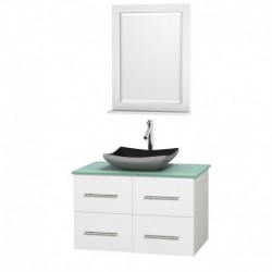 36 inch Single Bathroom Vanity in Matte White, Green Glass Countertop, Altair Black Granite Sink, and 24 inch Mirror