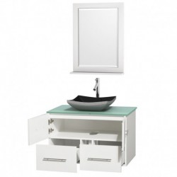 36 inch Single Bathroom Vanity in Matte White, Green Glass Countertop, Altair Black Granite Sink, and 24 inch Mirror