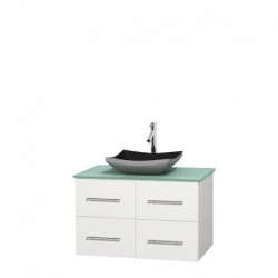 36 inch Single Bathroom Vanity in Matte White, Green Glass Countertop, Altair Black Granite Sink, and No Mirror