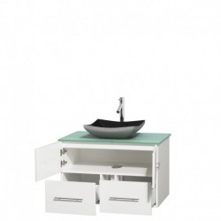 36 inch Single Bathroom Vanity in Matte White, Green Glass Countertop, Altair Black Granite Sink, and No Mirror