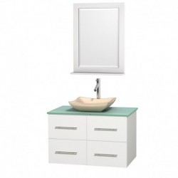 36 inch Single Bathroom Vanity in Matte White, Green Glass Countertop, Avalon Ivory Marble Sink, and 24 inch Mirror