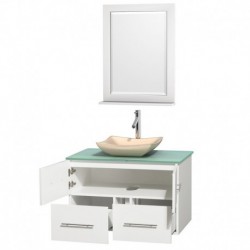 36 inch Single Bathroom Vanity in Matte White, Green Glass Countertop, Avalon Ivory Marble Sink, and 24 inch Mirror