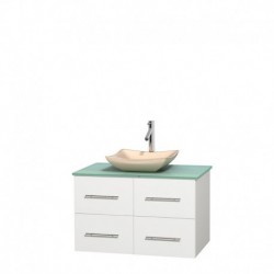 36 inch Single Bathroom Vanity in Matte White, Green Glass Countertop, Avalon Ivory Marble Sink, and No Mirror