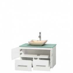 36 inch Single Bathroom Vanity in Matte White, Green Glass Countertop, Avalon Ivory Marble Sink, and No Mirror