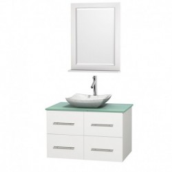 36 inch Single Bathroom Vanity in Matte White, Green Glass Countertop, Avalon White Carrera Marble Sink, and 24 inch Mirror