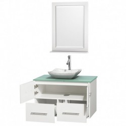 36 inch Single Bathroom Vanity in Matte White, Green Glass Countertop, Avalon White Carrera Marble Sink, and 24 inch Mirror