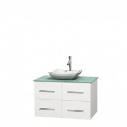 36 inch Single Bathroom Vanity in Matte White, Green Glass Countertop, Avalon White Carrera Marble Sink, and No Mirror