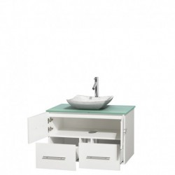 36 inch Single Bathroom Vanity in Matte White, Green Glass Countertop, Avalon White Carrera Marble Sink, and No Mirror