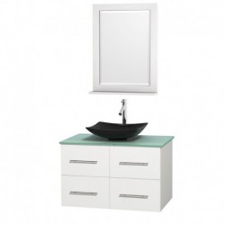 36 inch Single Bathroom Vanity in Matte White, Green Glass Countertop, Arista Black Granite Sink, and 24 inch Mirror