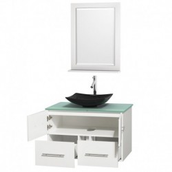 36 inch Single Bathroom Vanity in Matte White, Green Glass Countertop, Arista Black Granite Sink, and 24 inch Mirror