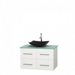 36 inch Single Bathroom Vanity in Matte White, Green Glass Countertop, Arista Black Granite Sink, and No Mirror