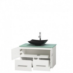 36 inch Single Bathroom Vanity in Matte White, Green Glass Countertop, Arista Black Granite Sink, and No Mirror