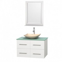 36 inch Single Bathroom Vanity in Matte White, Green Glass Countertop, Arista Ivory Marble Sink, and 24 inch Mirror