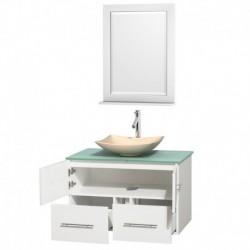 36 inch Single Bathroom Vanity in Matte White, Green Glass Countertop, Arista Ivory Marble Sink, and 24 inch Mirror