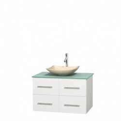 36 inch Single Bathroom Vanity in Matte White, Green Glass Countertop, Arista Ivory Marble Sink, and No Mirror