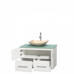 36 inch Single Bathroom Vanity in Matte White, Green Glass Countertop, Arista Ivory Marble Sink, and No Mirror