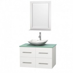 36 inch Single Bathroom Vanity in Matte White, Green Glass Countertop, Arista White Carrera Marble Sink, and 24 inch Mirror