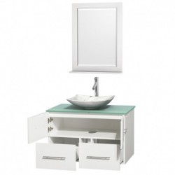 36 inch Single Bathroom Vanity in Matte White, Green Glass Countertop, Arista White Carrera Marble Sink, and 24 inch Mirror