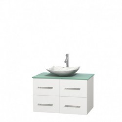 36 inch Single Bathroom Vanity in Matte White, Green Glass Countertop, Arista White Carrera Marble Sink, and No Mirror