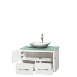36 inch Single Bathroom Vanity in Matte White, Green Glass Countertop, Arista White Carrera Marble Sink, and No Mirror