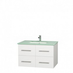 36 inch Single Bathroom Vanity in Matte White, Green Glass Countertop, Undermount Square Sink, and No Mirror