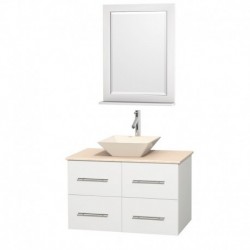 36 inch Single Bathroom Vanity in Matte White, Ivory Marble Countertop, Pyra Bone Porcelain Sink, and 24 inch Mirror